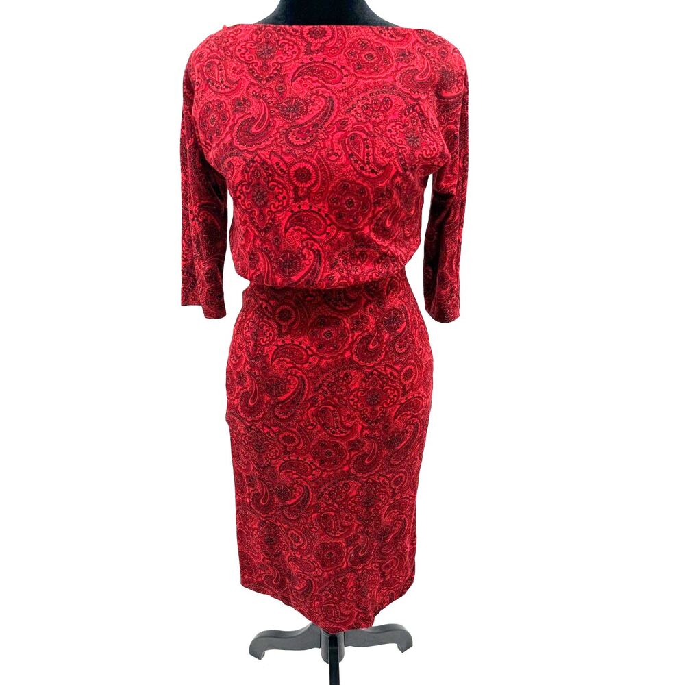 Vintage 60s paisley red pencil below knee dress - Picture 2 of 9
